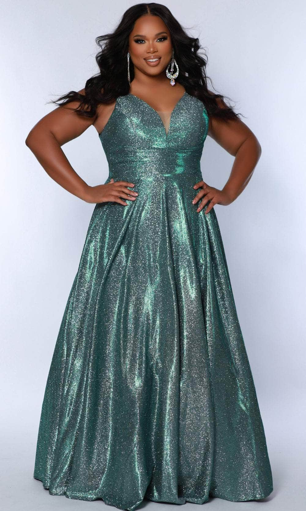 Image of Sydney's Closet SC7378 - Shimmer Metallic V-Neck Prom Dress