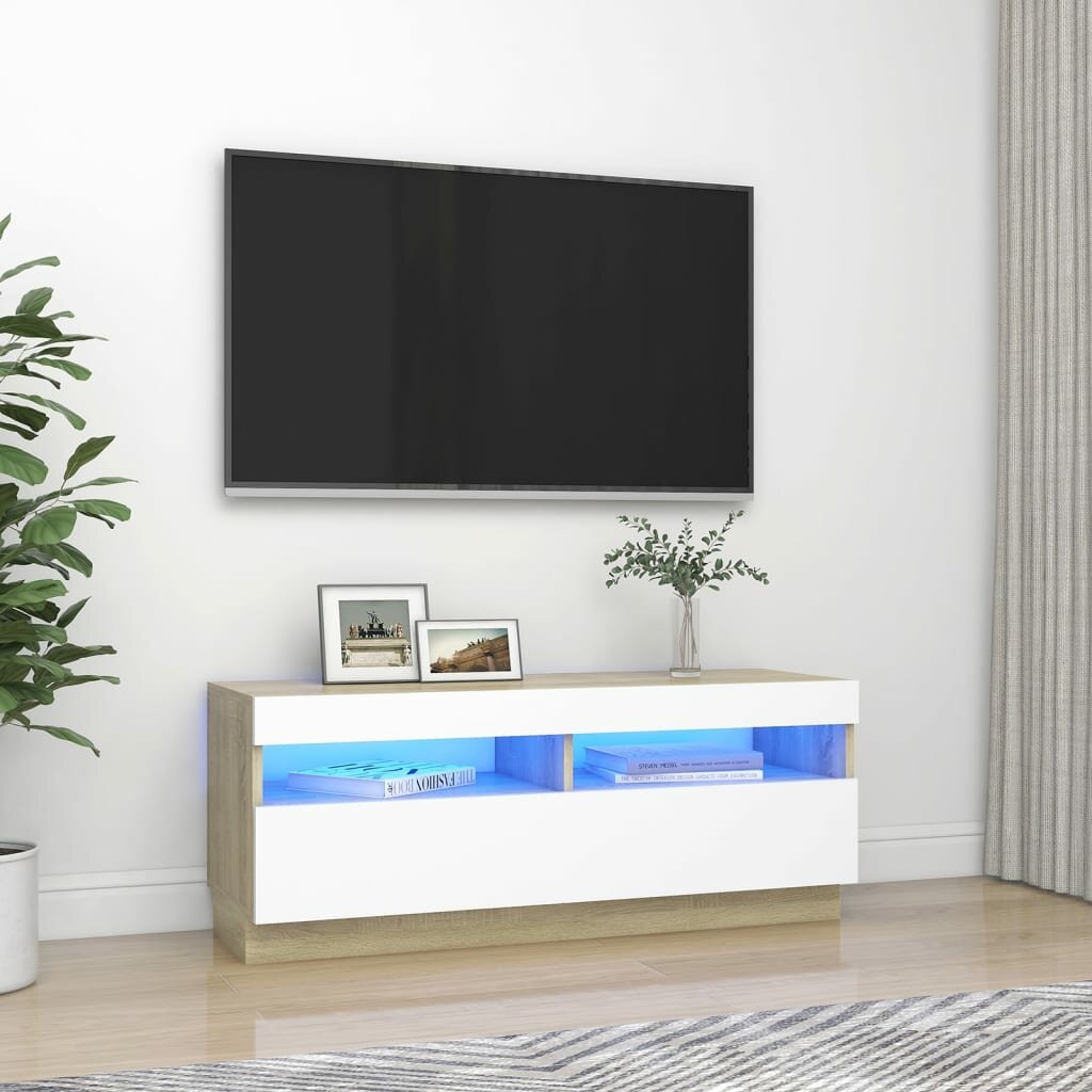 Image of TV Cabinet with LED Lights White and Sonoma Oak 394"x138"x157"