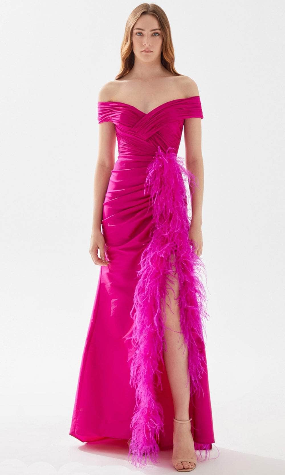 Image of Tarik Ediz 52112 - Ruched and Feathered Evening Gown