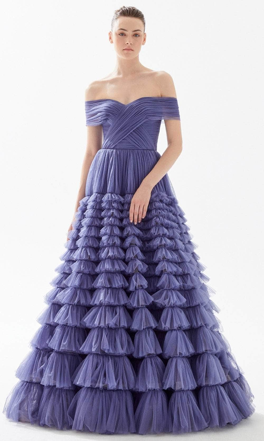 Image of Tarik Ediz 98306 - Off Shoulder Tiered Tulle Evening Gown