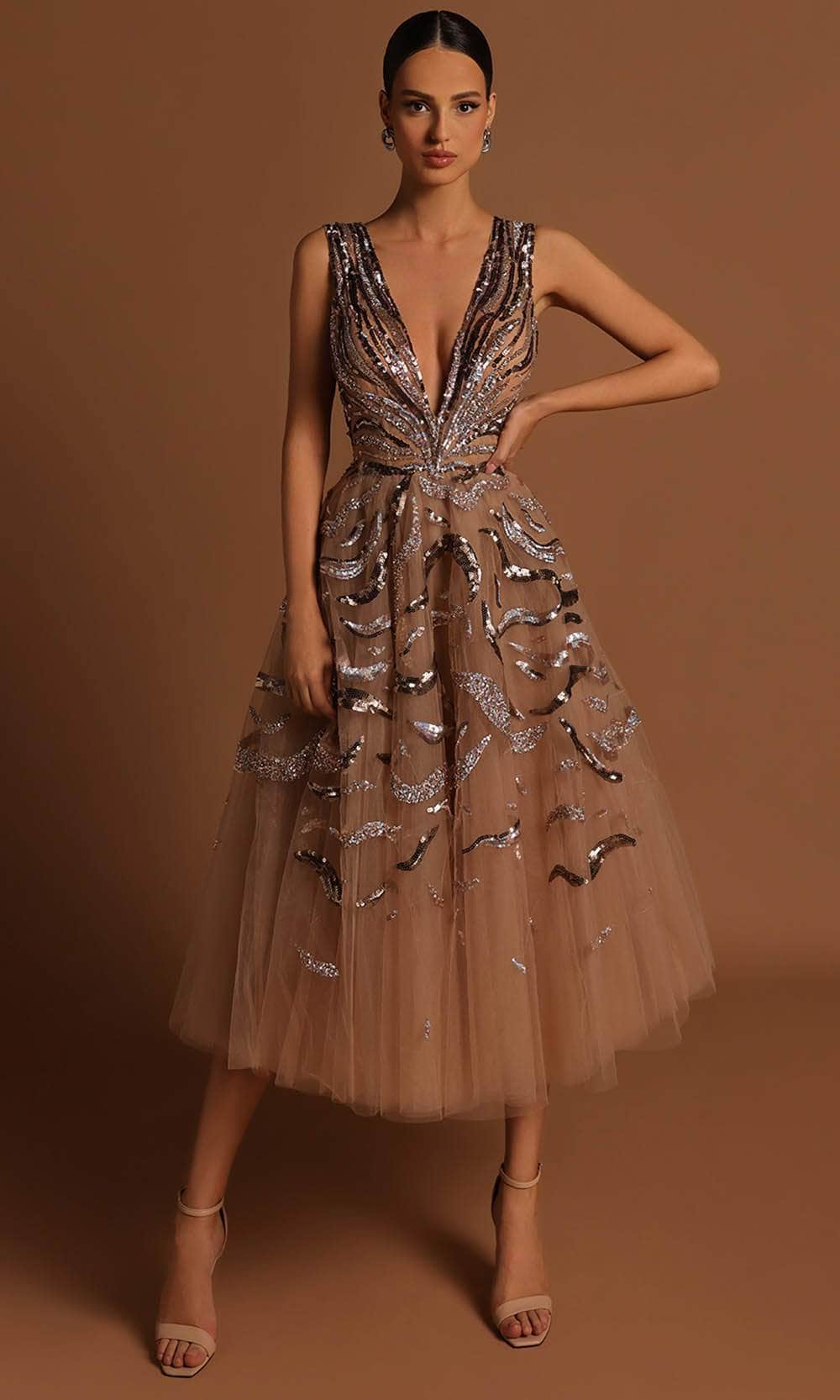 Image of Tarik Ediz 98559 - V-Neck Sequin Embellished Dress
