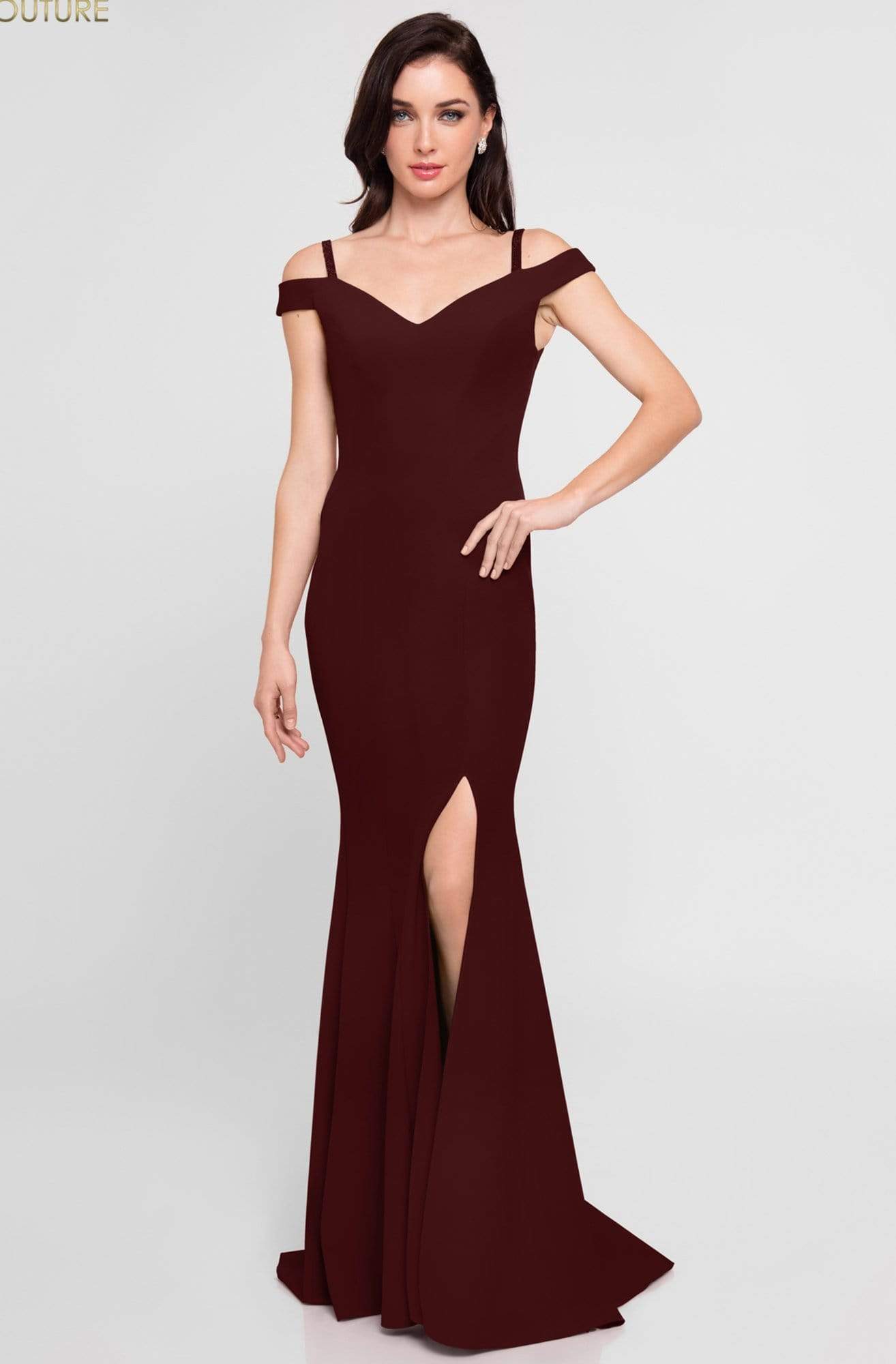 Image of Terani Couture - 1813B5185 Sculpted Off Shoulder High Slit Sheath Gown