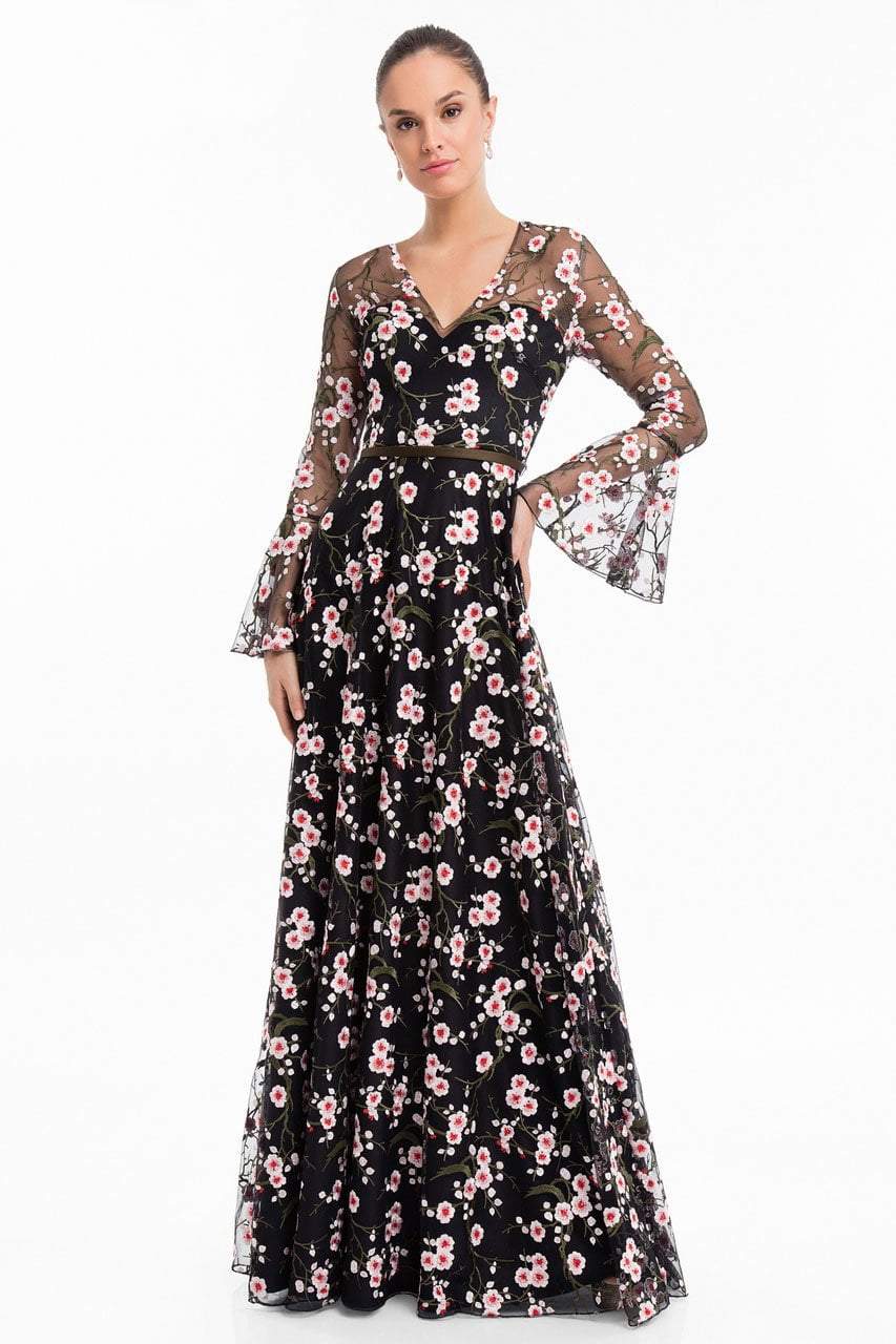 Image of Terani Couture - 1822E7251 Floral Embroidered V-neck A-line Dress