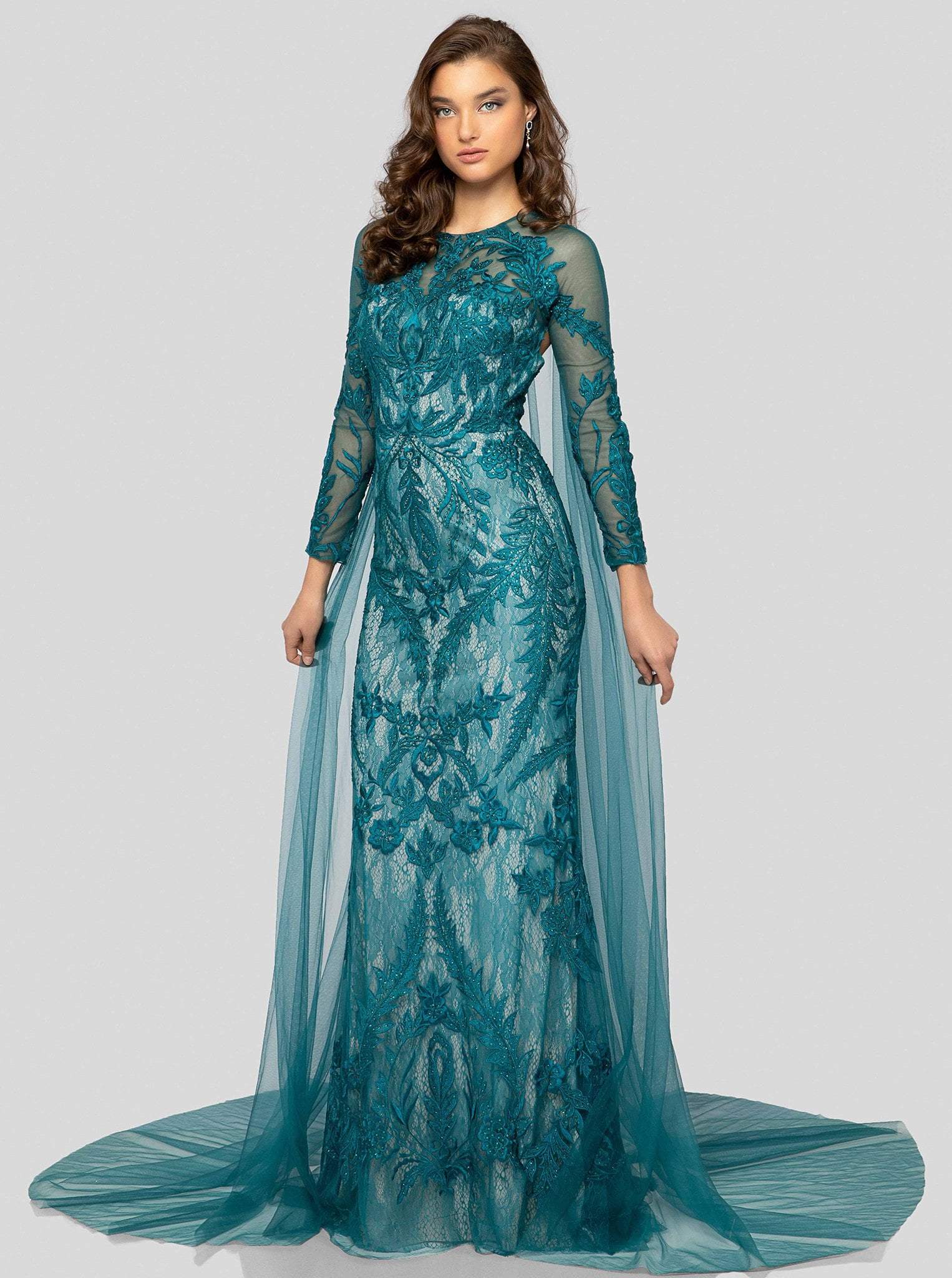 Image of Terani Couture - 1911GL9468 Leafy Embroidered Sheath Evening Dress