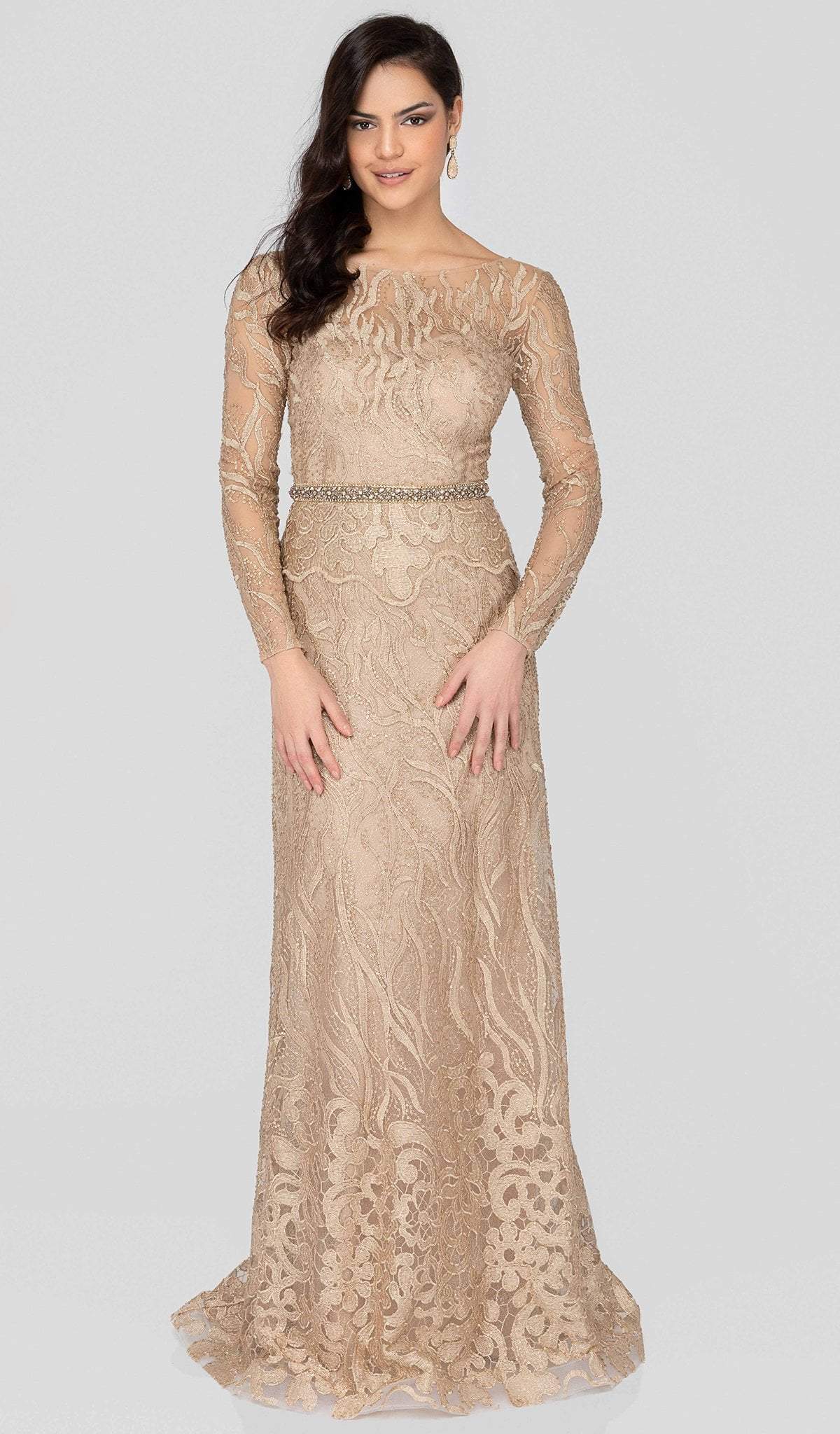 Image of Terani Couture - 1913E9229 Embellished Lace Long Sleeve A-line Dress
