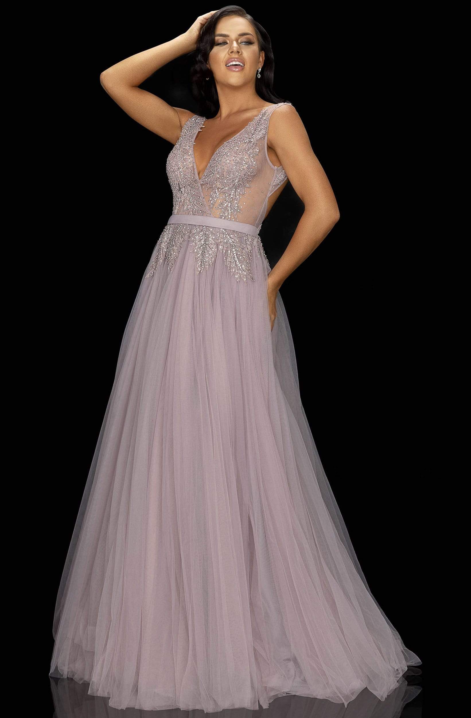 Image of Terani Couture - 2011P1109 Iridescent Appliqued Long Tulle Gown