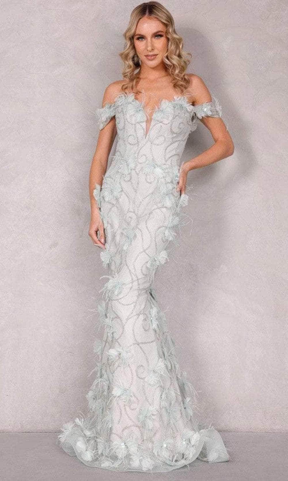 Image of Terani Couture 2027GL3231 - Feather Floral Applique Evening Dress