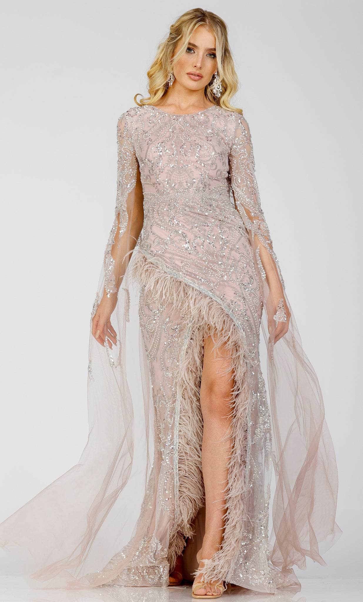 Image of Terani Couture 231E0494 - Beaded Cape Sleeve Evening Gown