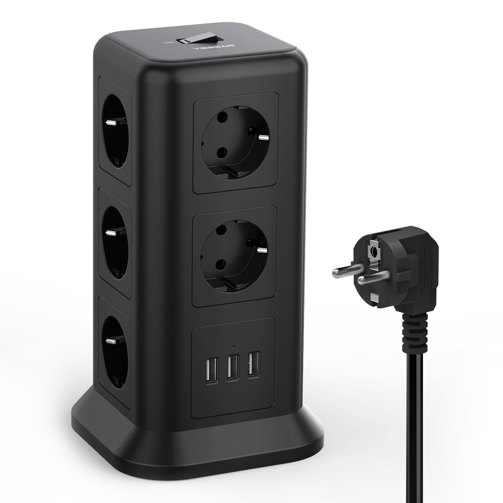Image of TessanTPS01-EU 14 in 1 Multi-Socket 2500W Power Strip with 11 Gang and 3 USB Socket Tower with Switch Power Strip Mult