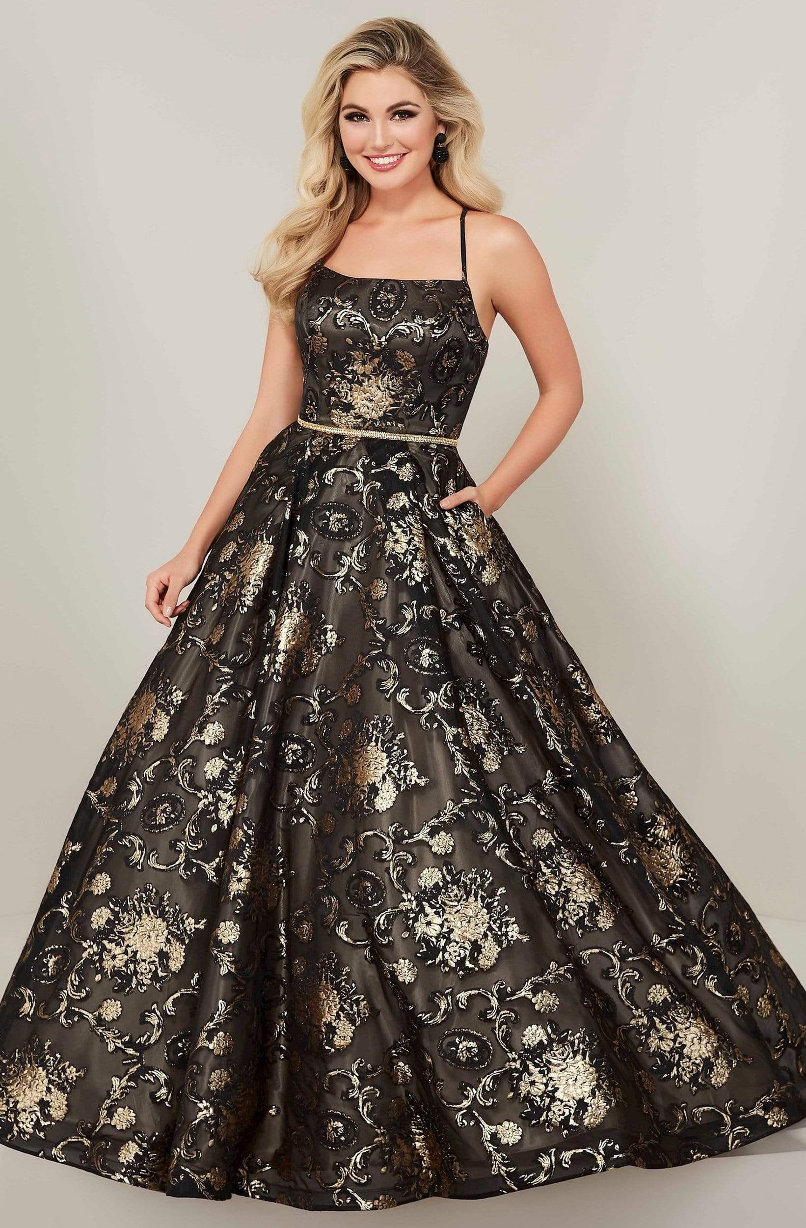 Image of Tiffany Designs - 16340 Scoop Neck Brocade Organza A-line Dress