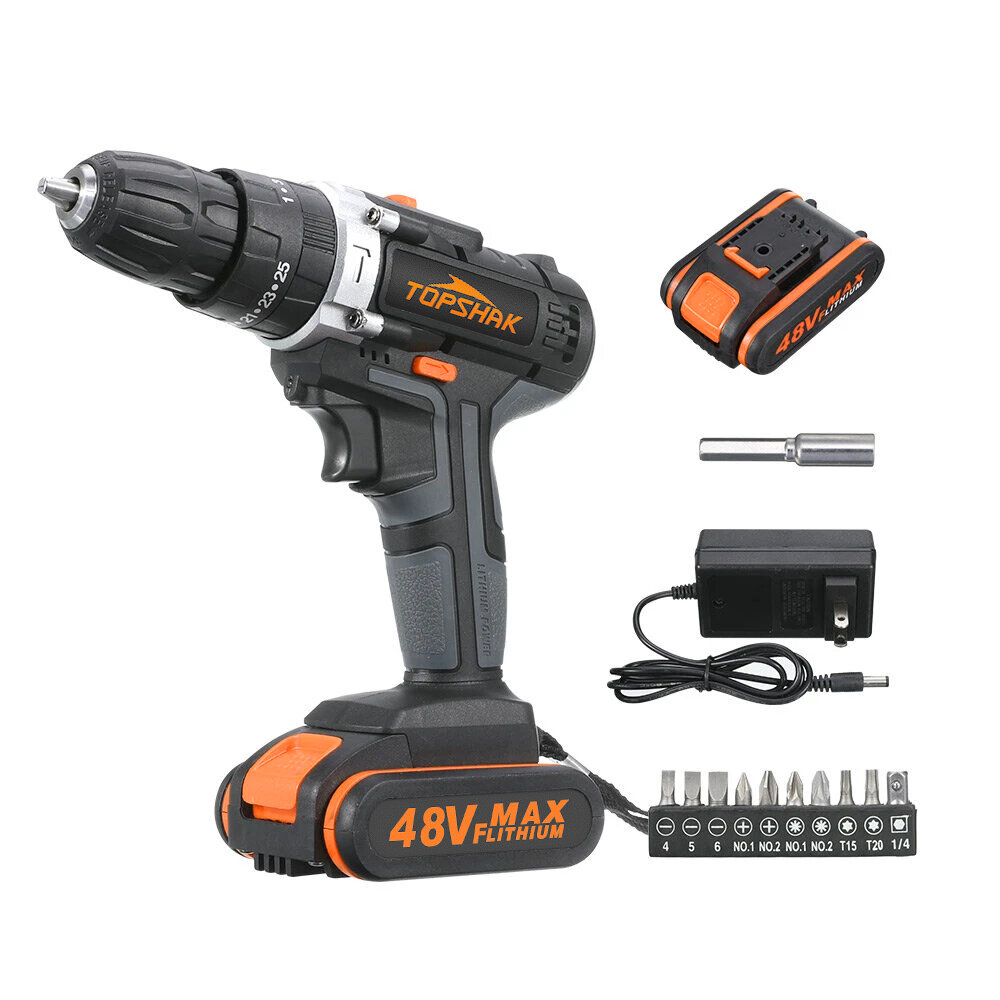 Image of Topshak TS-ED1 Cordless Electric Impact Drill Rechargeable 2 Speeds Drill Screwdriver W/ 1 or 2 Li-ion Battery