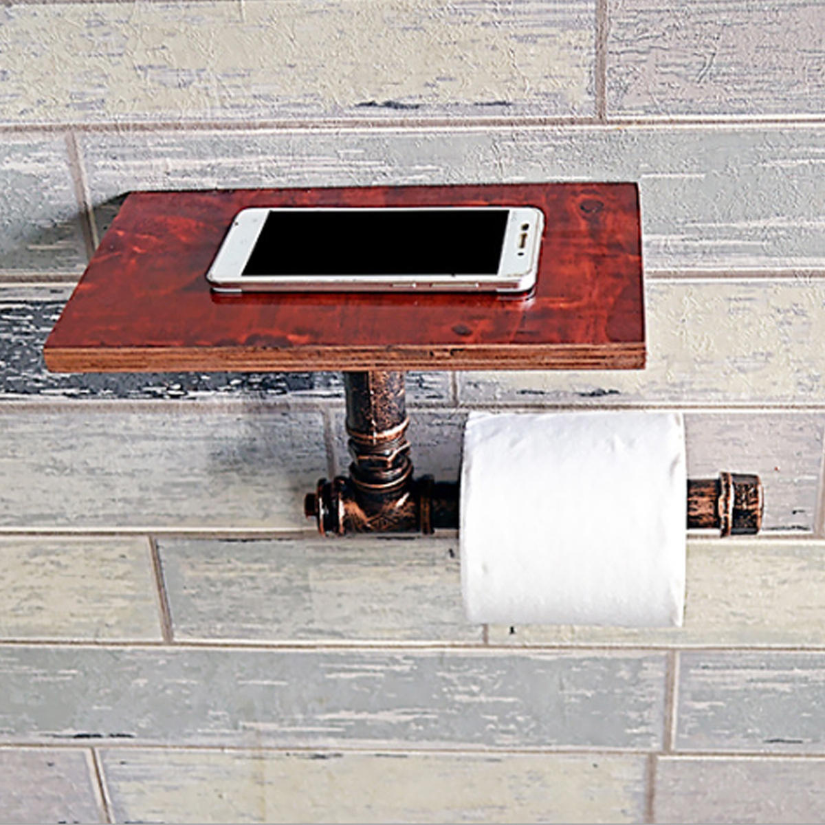 Image of Vintage Toilet Roll Towel Holder Wooden Metal Retro Bathroom Standing Storage Holder