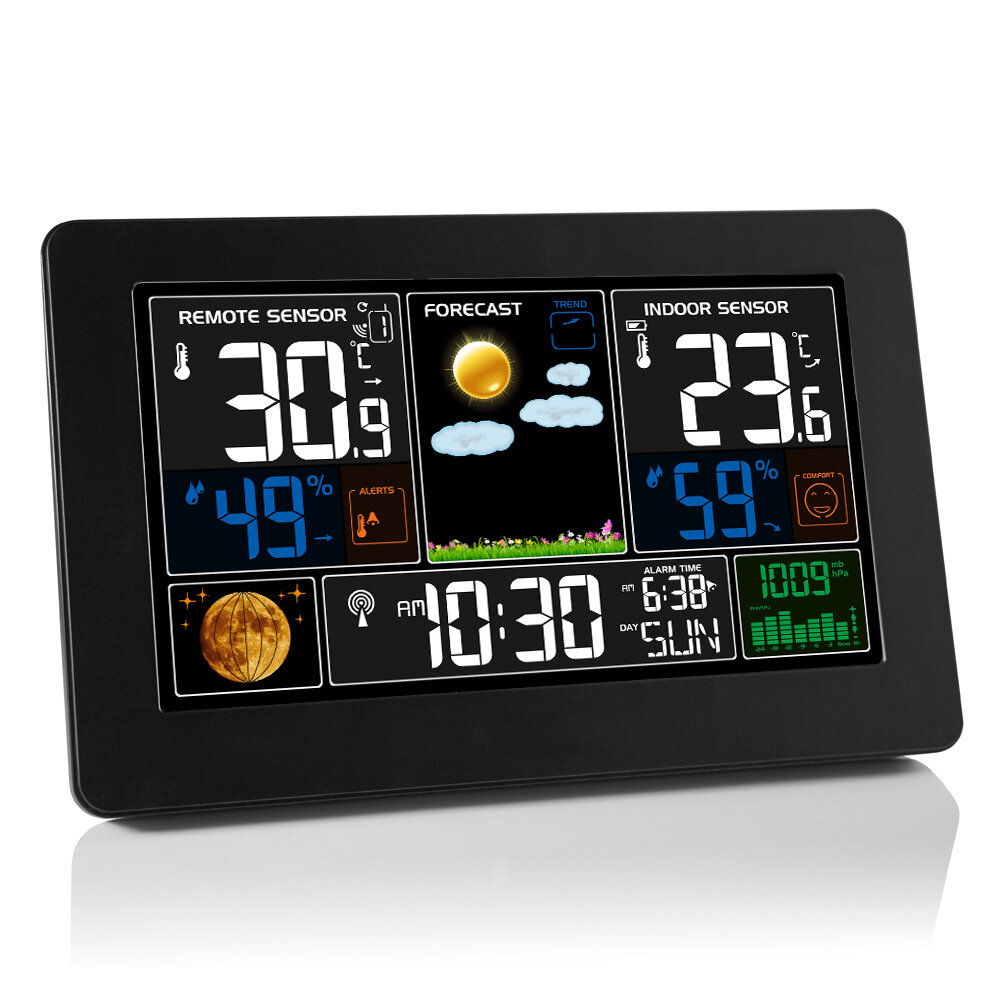 Image of Wireless Weather Station Clock Digital Indoor Temperature Humidity Meter Moon Phase Radio Signal Dispaly Barometer Weath