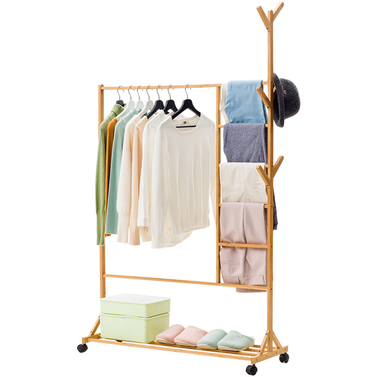 Image of Wooden Garment Rack Storage Coat Cloth Stand Shoe Bag Hat Hanger Bamboo Holder