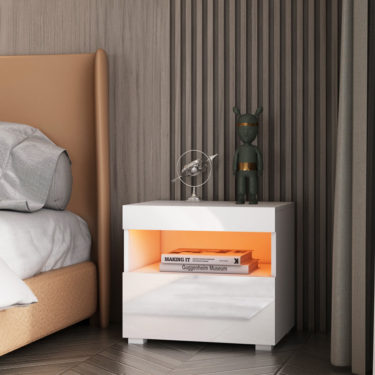 Image of Woodyhome 20 Light Modes Nightstand Modern High Gloss Bedside Table Cabinet With Two Drawers for Home and Office