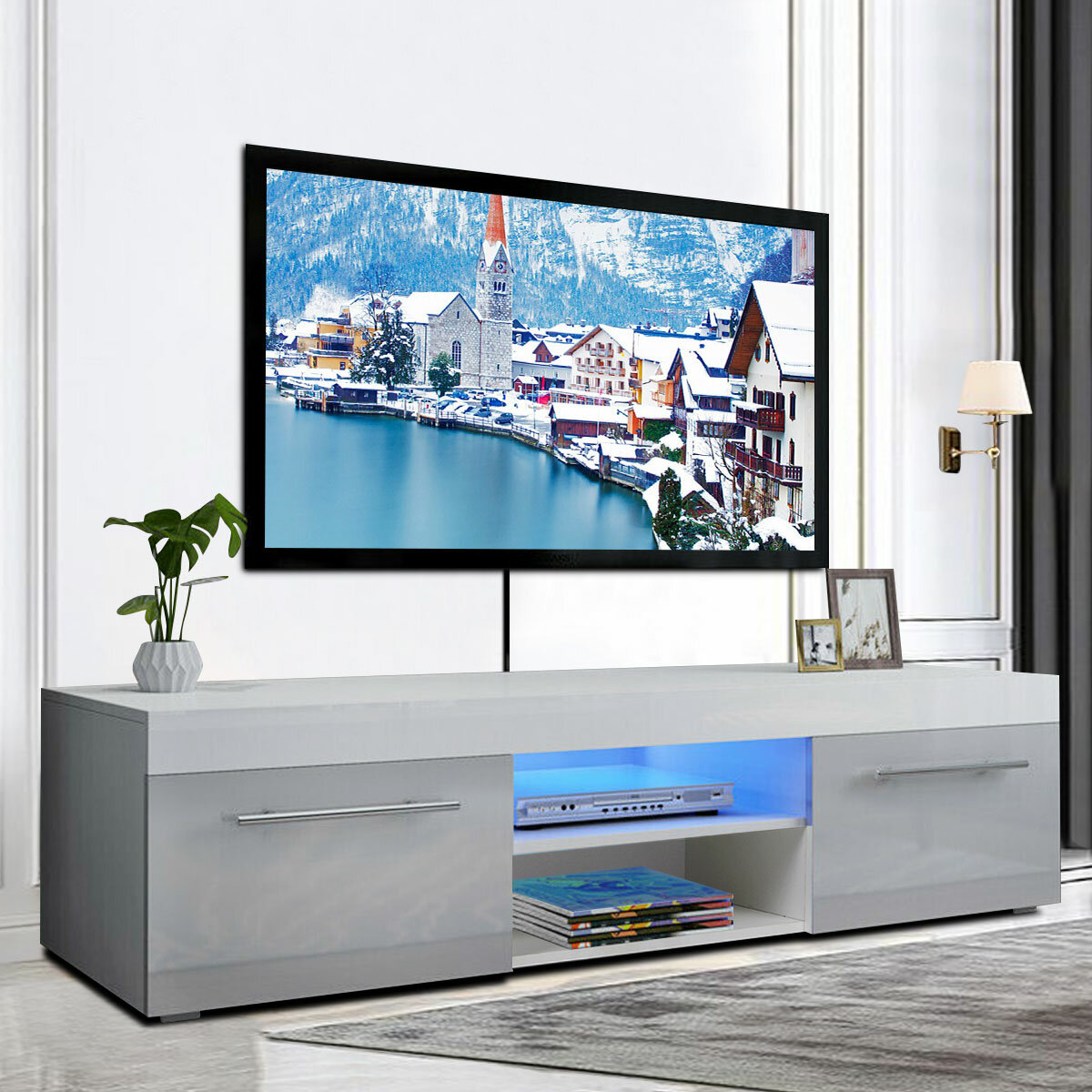 Image of Woodyhome 51" High Gloss TV Stand with LED Lights 2 Drawers Cabinet Modern Storage Holder Entertainment for Home Living